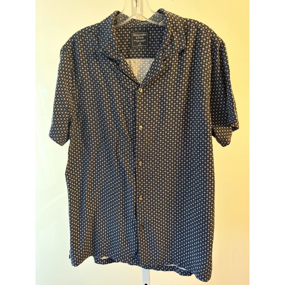 Abercrombie & Fitch Stretch Men M Short Sleeve Navy White Button Down Geo Print